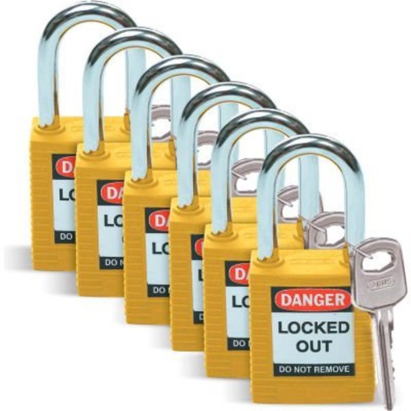 Brady BradyÂ Lockout Padlock, Keyed Alike, 1-1/2", Plastic Covered Steel, Yellow, 6/Pack 105892